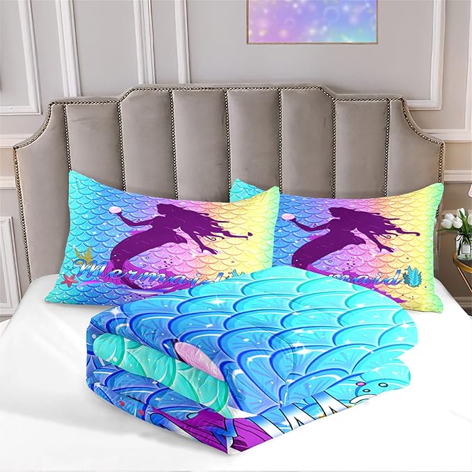 3Pcs Mermaid Comforter Set Queen Fish Scale Patterns Printed Queen Comforter Sets for Girls All Season Ultra Soft MIcrofiber Mermaid Bed Set Quilted Duvet with 2 Pillowcases, Queen Size - LeafyLoom