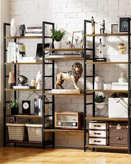 NUMENN Triple Wide 5 Tier Bookshelf, Rustic Industrial Style Bookcases with 14 Open Display Shelves, Modern Tall Bookcase Furniture for Bedroom, Living Room and Home Office, Vintage - LeafyLoom
