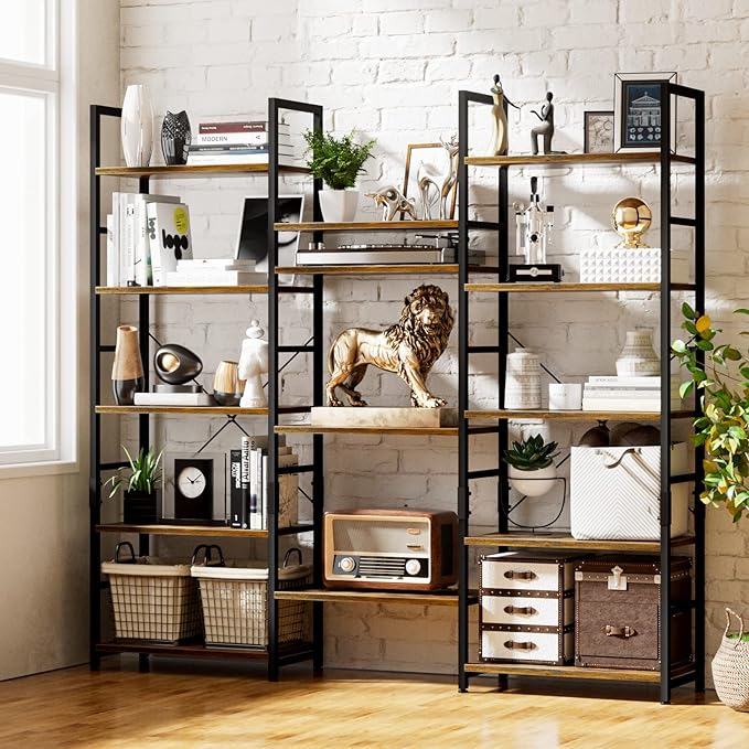 NUMENN Triple Wide 5 Tier Bookshelf, Rustic Industrial Style Bookcases with 14 Open Display Shelves, Modern Tall Bookcase Furniture for Bedroom, Living Room and Home Office, Vintage - LeafyLoom