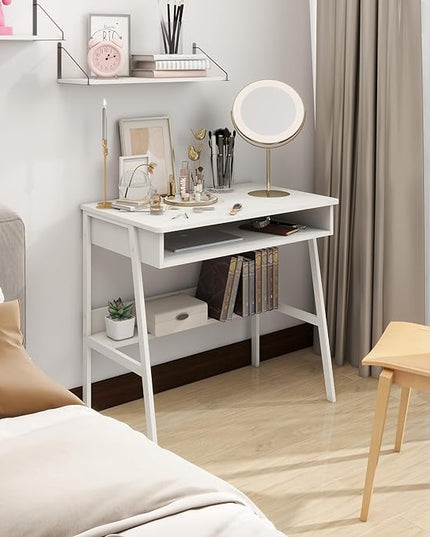 Small Computer Desk, Bureau de Travail, 31.5inch White Desk, Bureau Gaming Desk, Study Table, Sit Stand Desk with Drawers, Wood Dressing Desk with Metal Frame, for Bedroom, Livingroom, Office - LeafyLoom
