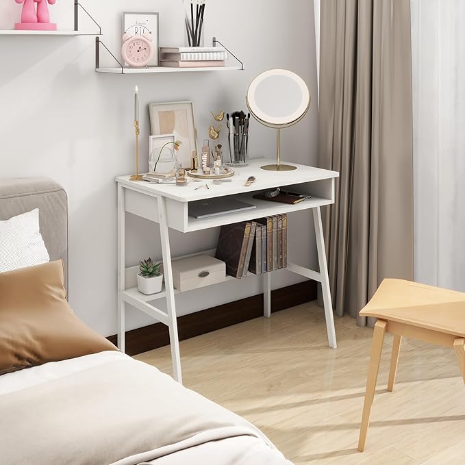 Small Computer Desk, Bureau de Travail, 31.5inch White Desk, Bureau Gaming Desk, Study Table, Sit Stand Desk with Drawers, Wood Dressing Desk with Metal Frame, for Bedroom, Livingroom, Office - LeafyLoom