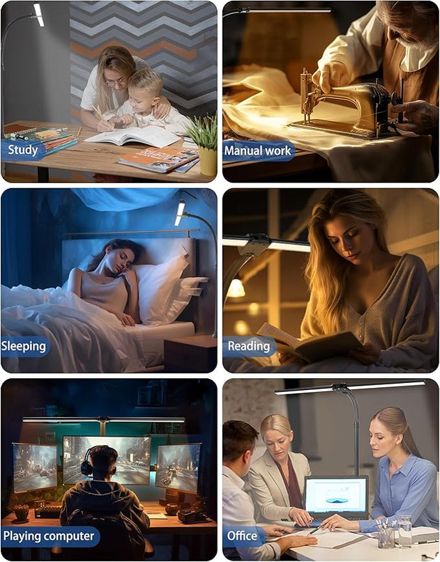 LED Desk Lamp with Remote for Home Office,24W Bright Desk Light with Clamp for Study Reading, Double Head Eye-Caring Clip on Lights,10 Dimmable Brightness, 50,000H Life Span,Desk Lamp for Workbench - LeafyLoom