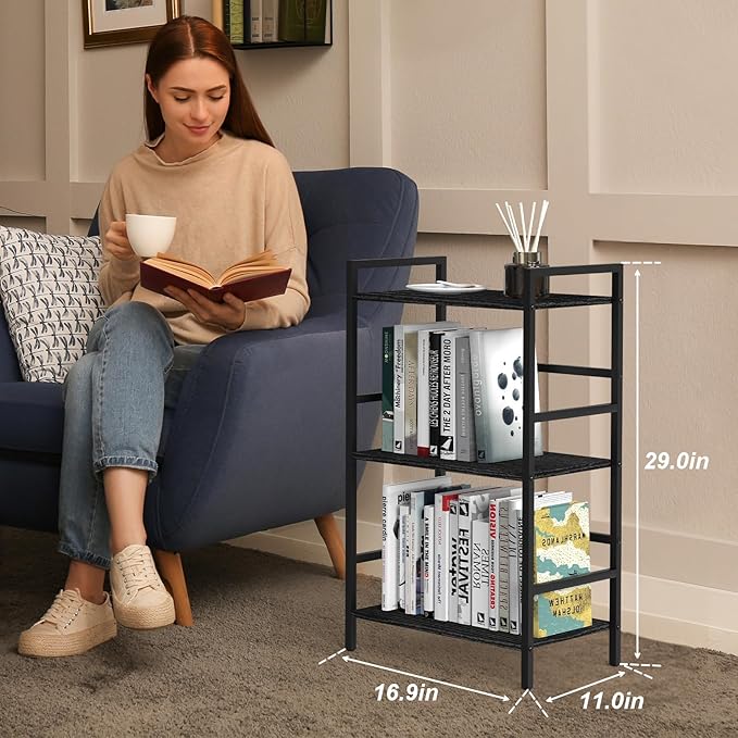 CADUKE Industrial Bookcase 3 Tier Book Shelf Organizer for Office Small Bookshelf with Storage for Bedroom Black Book Display Shelf Wood for Living Room Study Room - LeafyLoom