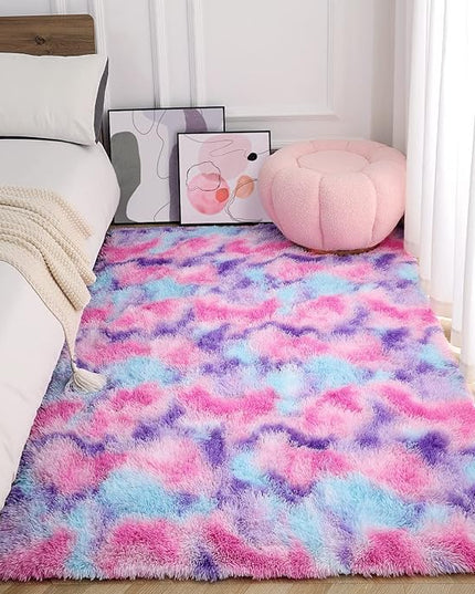 AROGAN Soft Rainbow Area Rugs for Girls Room 6x9 Feet, Fluffy Girls Bedroom Rugs, Princess Rug, Cute Colorful Carpet for Kids Teens Nursery Toddler, Hot Pink - LeafyLoom