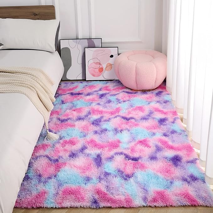 AROGAN Soft Rainbow Area Rugs for Girls Room 6x9 Feet, Fluffy Girls Bedroom Rugs, Princess Rug, Cute Colorful Carpet for Kids Teens Nursery Toddler, Hot Pink - LeafyLoom