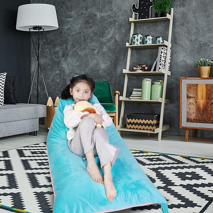 Stuffed Animal Storage Bean Bag Chair Cover, Velvet Pink Lake Blue Plush Toy Storage Stuff and Sit Seat for Kids/Teens/Adults, 52" x 31" Extra Large Triangle Floor Sofa, 200L/52Gal, Cover Only - LeafyLoom