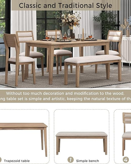Dining Table Set for 6, Classic and Traditional Style 6-Piece Dining Room Table Set with Backrest, Kitchen Table with 4 Upholstered Chairs & Bench, Natural Wood Wash - LeafyLoom
