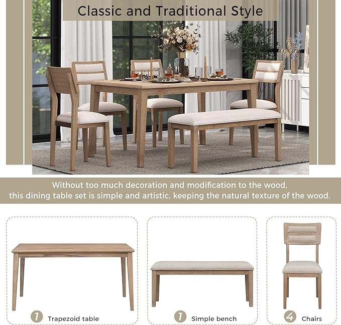 Dining Table Set for 6, Classic and Traditional Style 6-Piece Dining Room Table Set with Backrest, Kitchen Table with 4 Upholstered Chairs & Bench, Natural Wood Wash - LeafyLoom