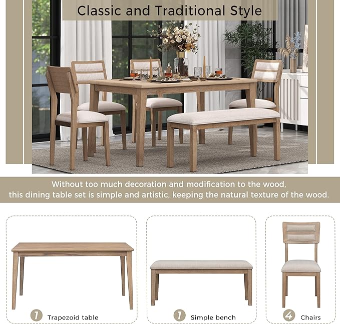 Classic and Traditional Style 6-Piece Dining Room Sets, includes 1 Table, 4 Upholstered Chairs & 1 Bench (Natural Wood Wash), 60" L x 36" W x 30" H - LeafyLoom