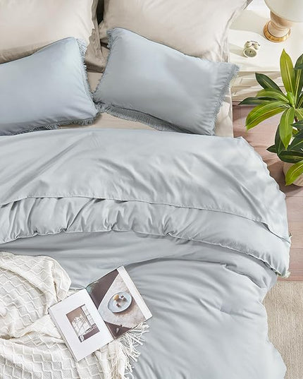 Andency Light Grey Comforter Set Queen, 3 Pieces Boho Tassel Lightweight Bedding Comforter Sets, All Season Soft Fluffy Fringe Bed Set (90x90In Comforter & 2 Pillowcases) - LeafyLoom