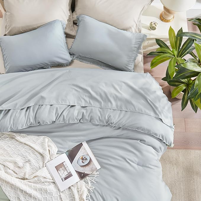Andency Light Grey Comforter Set Queen, 3 Pieces Boho Tassel Lightweight Bedding Comforter Sets, All Season Soft Fluffy Fringe Bed Set (90x90In Comforter & 2 Pillowcases) - LeafyLoom