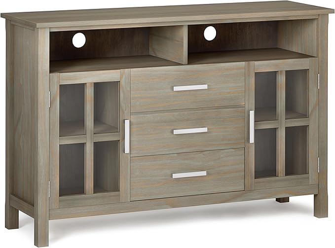 SIMPLIHOME Kitchener SOLID WOOD 53 Inch Wide Contemporary TV Media Stand in Distressed Grey for TVs up to 60 Inches, For the Living Room and Entertainment Center - LeafyLoom