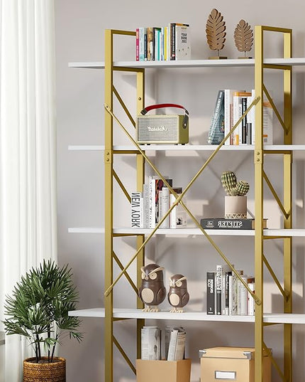 YITAHOME 5 Tier Gold Bookshelf, 70.9" Tall Modern Wide Bookcase, Open Storage Rack Shelves in Living Room/Bedroom/Home/Office, Books Holder Organizer for Books/Plants, Gold & White - LeafyLoom