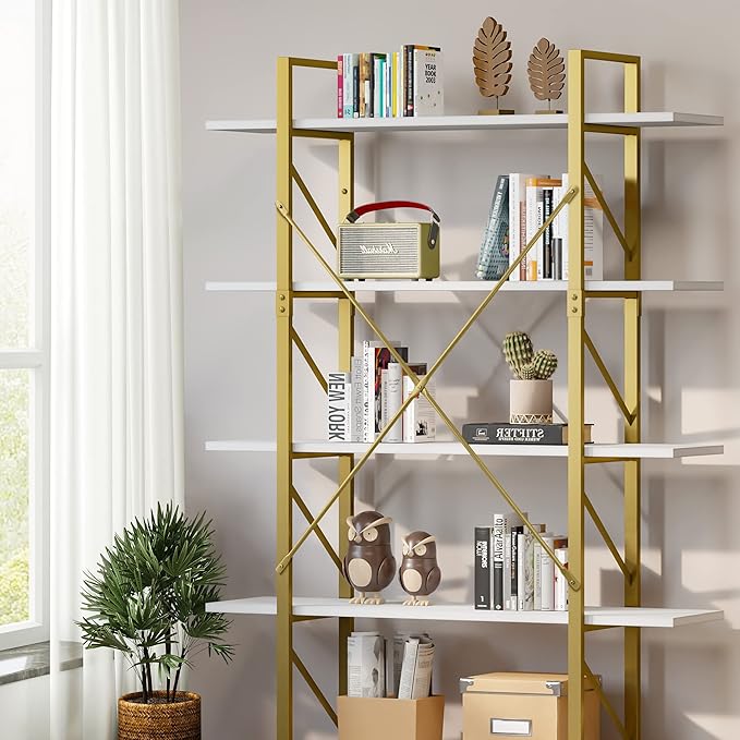 YITAHOME 5 Tier Gold Bookshelf, 70.9" Tall Modern Wide Bookcase, Open Storage Rack Shelves in Living Room/Bedroom/Home/Office, Books Holder Organizer for Books/Plants, Gold & White - LeafyLoom