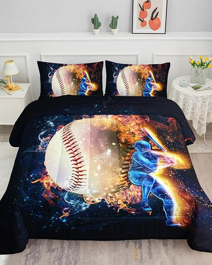 Axolotl 3D Baseball Comforter Set Queen,Sports Bedding,Red Blue Water Fire Comforter Set,Sports Baseball Loveer Bedding Set,Sport Game Comforter for Kids Boys Teens Adults,1 Quilt 2 Pillowcases - LeafyLoom