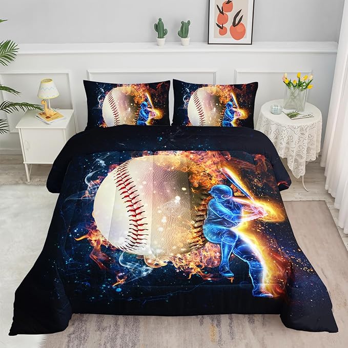 Axolotl 3D Baseball Comforter Set Full,Sports Bedding,Red Blue Water Fire Comforter Set,Sports Baseball Loveer Bedding Set,Sport Game Comforter for Kids Boys Teens Adults,1 Quilt 2 Pillowcases - LeafyLoom