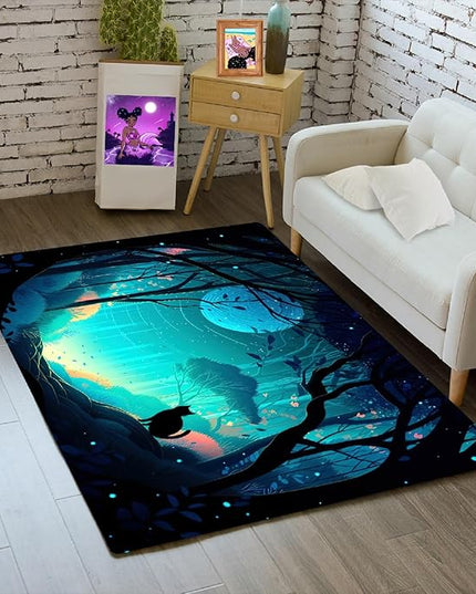 Cat Rug - Magic Black Cat Rug for Home Decor Moon Black Cat Rug for Boys Room Cat Door Mats Outdoor Entrance Forestscape Cat Rug, 2x3 Feet - LeafyLoom
