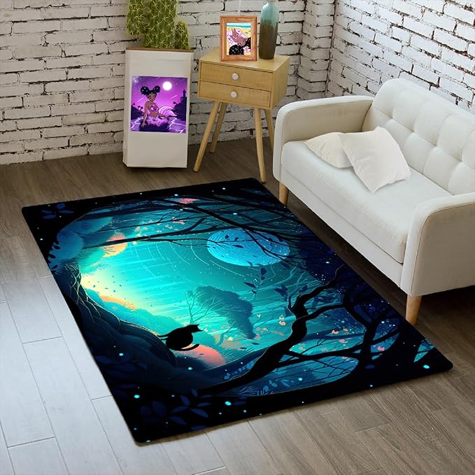 Cat Rug - Magic Black Cat Rug for Home Decor Moon Black Cat Rug for Boys Room Cat Door Mats Outdoor Entrance Forestscape Cat Rug, 2x3 Feet - LeafyLoom