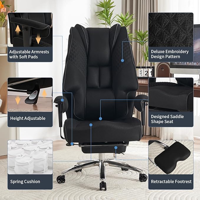 Big and Tall Office Chair 400lbs Wide Seat, Mesh High Back Executive Office Chair with Foot Rest, Ergonomic Office Chair Lumbar Support for Lower Back Pain Relief (Mesh Black) - LeafyLoom