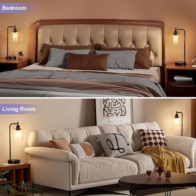 Industrial Touch Table Lamps for Bedrooms Set of 2 - 3-Way Dimmable Lamps with USB C+A Ports and Outlet, Black Bedside Lamps with Seeded Clear Glass Shade for Living Room, Desk Lamps for Home Office - LeafyLoom