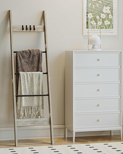 Blanket Ladder Shelf for Living Room, Decorative Wood Quilt Rack with 4 Removable Hooks, 5-Tier Farmhouse Ladder Holder Organizer for Bedroom, Greige and Black BR02105B - LeafyLoom