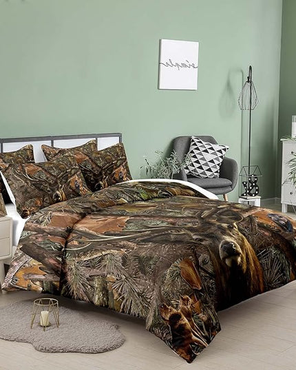 NINENINE Deer Bedding Sets Full Size for Boys Adult Teens Western Woodland Camo Comforter Moose Wildlife Forest Bedding,Bear Animals Hunting Bed Sets with 1 Comforter 2 Pillowcases - LeafyLoom