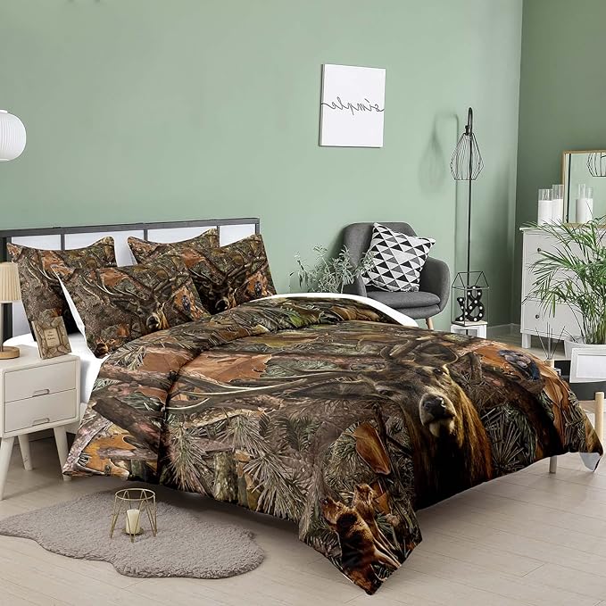 NINENINE Deer Bedding Sets Full Size for Boys Adult Teens Western Woodland Camo Comforter Moose Wildlife Forest Bedding,Bear Animals Hunting Bed Sets with 1 Comforter 2 Pillowcases - LeafyLoom