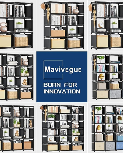 Mavivegue Book Shelf, 12 Cube Storage Organizer, DIY Bookcase, Metal Bookshelf,Tall Book case for Bedroom, Living Room,Office,Closet , Black Cubicle Rack - LeafyLoom