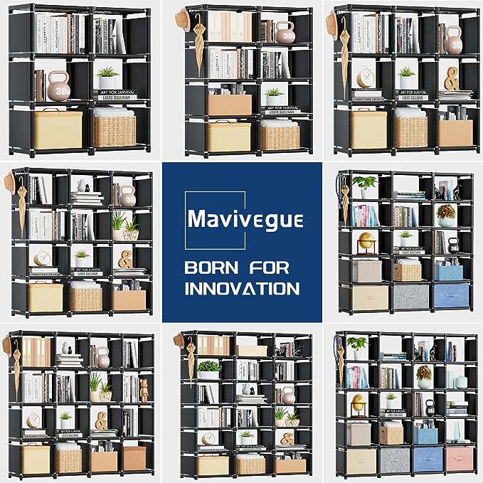 Mavivegue Book Shelf, 12 Cube Storage Organizer, DIY Bookcase, Metal Bookshelf,Tall Book case for Bedroom, Living Room,Office,Closet , Black Cubicle Rack - LeafyLoom