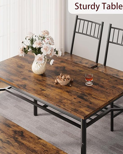 IDEALHOUSE Dining Table Set for 4, Kitchen Table and Chairs for 4 with Storage Bench, Rectangular Kitchen Table Set with Wine Rack, Dining Room Table Set for Small Space, Apartment, Retro Brown - LeafyLoom