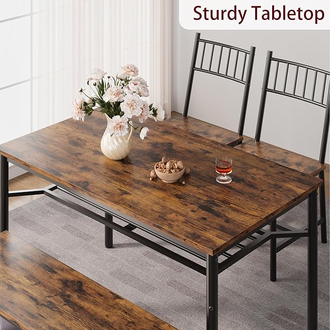 IDEALHOUSE Dining Table Set for 4, Kitchen Table and Chairs for 4 with Storage Bench, Rectangular Kitchen Table Set with Wine Rack, Dining Room Table Set for Small Space, Apartment, Retro Brown - LeafyLoom