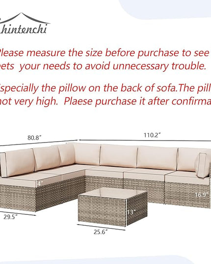 Shintenchi 7 Pieces Outdoor Patio Sectional Sofa Couch,Natural PE Wicker Furniture Conversation Sets with Washable Cushions & Glass Coffee Table for Garden, Poolside, Backyard (Khaki) - LeafyLoom