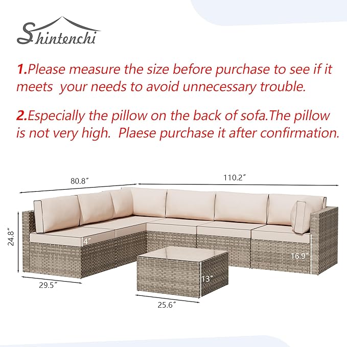 Shintenchi 7 Pieces Outdoor Patio Sectional Sofa Couch,Natural PE Wicker Furniture Conversation Sets with Washable Cushions & Glass Coffee Table for Garden, Poolside, Backyard (Khaki) - LeafyLoom