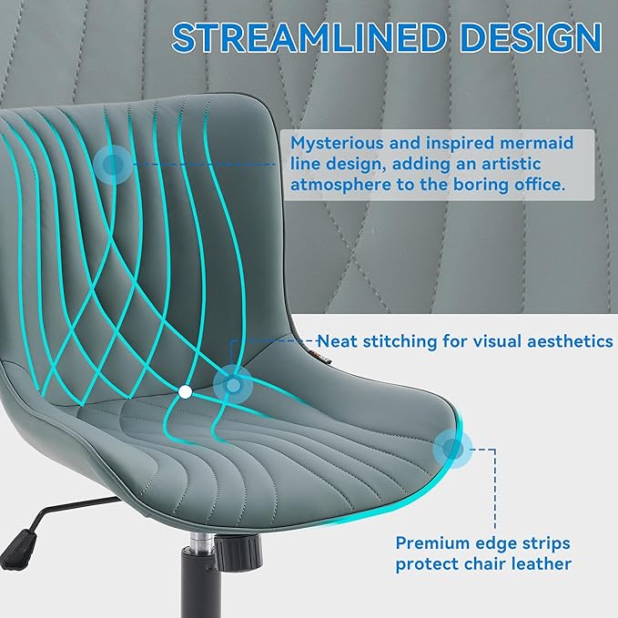 YOUNIKE Office Chair Armless Desk Chair with Wheels, Home Office Computer Task Chair, Modern Faux Leather Upholstered Vanity Chair, Adjustable Swivel Rolling Office Chairs, Greyishgreen - LeafyLoom