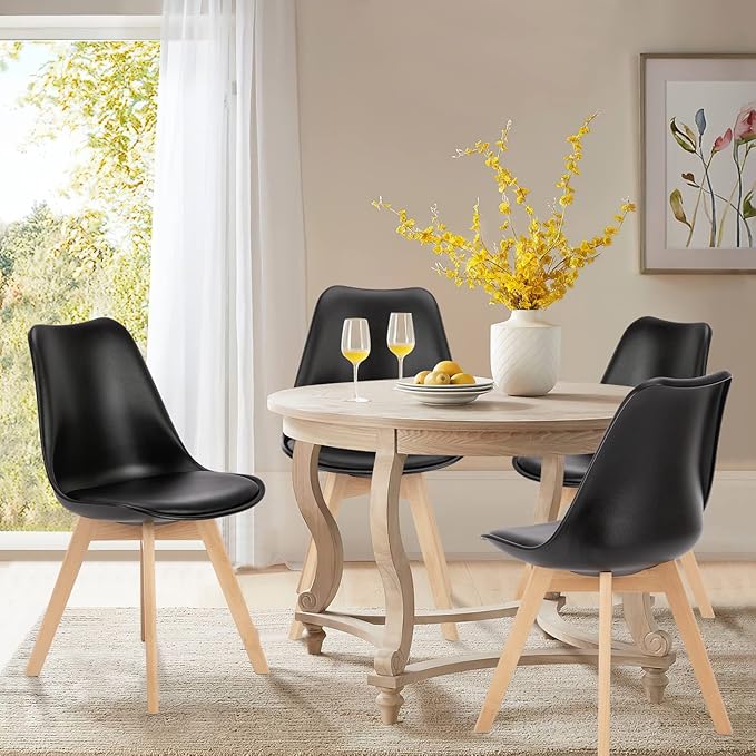 OLIXIS Dining Chairs Set of 4 Mid-Century Modern Dinning Chairs, Living Room Bedroom Outdoor Lounge Chair PU Leather Cushion and Wood Legs, Black - LeafyLoom