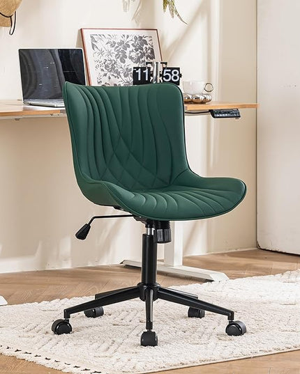 YOUTASTE Dark Green Office Chair Modern Armless Desk Chair with Wheels, Adjustable Swivel Rocking Rolling Computer Gaming Chair, Upholstered Faux Leather Sewing Chairs with Back - LeafyLoom