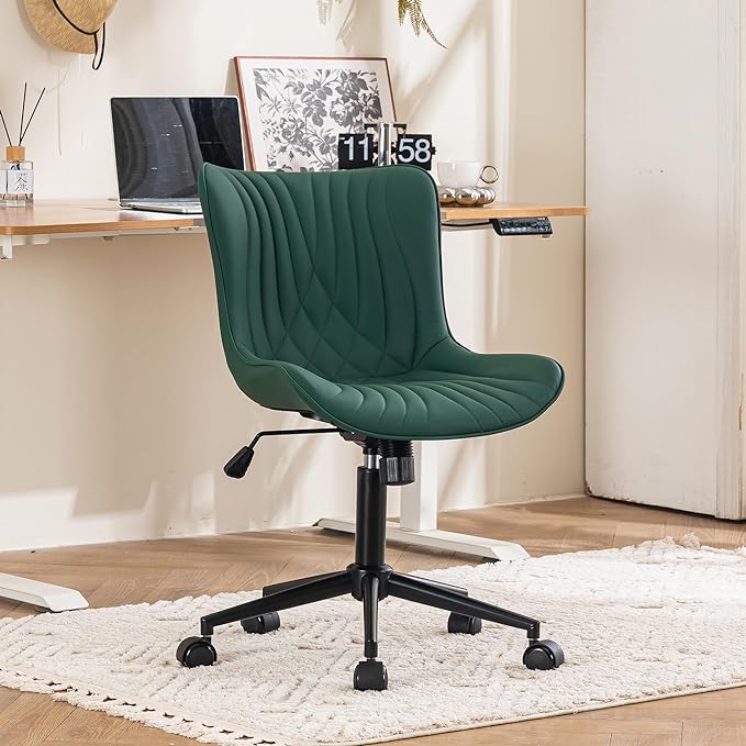 YOUTASTE Dark Green Office Chair Modern Armless Desk Chair with Wheels, Adjustable Swivel Rocking Rolling Computer Gaming Chair, Upholstered Faux Leather Sewing Chairs with Back - LeafyLoom