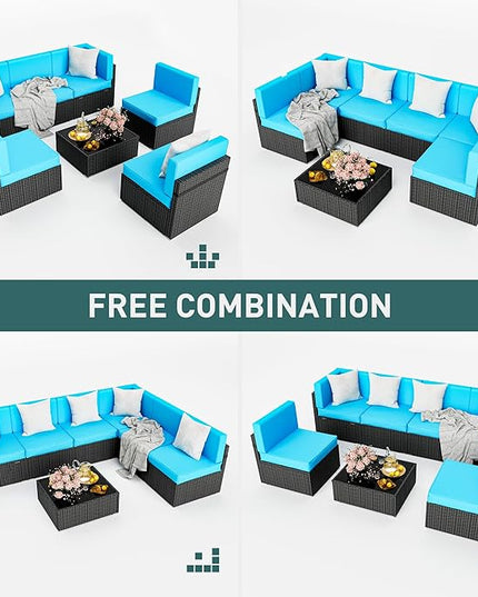 Pamapic Patio Furniture Set, 7 Pieces Modular Outdoor Sectional, Patio Sectional Sofa Conversation Set, Rattan Sofa with Coffee Table and Washable Cushions Covers, Black Rattan and Blue Cushions - LeafyLoom