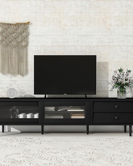 NicBex TV Stand for 75 Inch TV Modern TV Media Console Table with Sliding Fluted Glass Doors,Entertainment Center with Storage for Living Room,70.86 Inch,Black - LeafyLoom