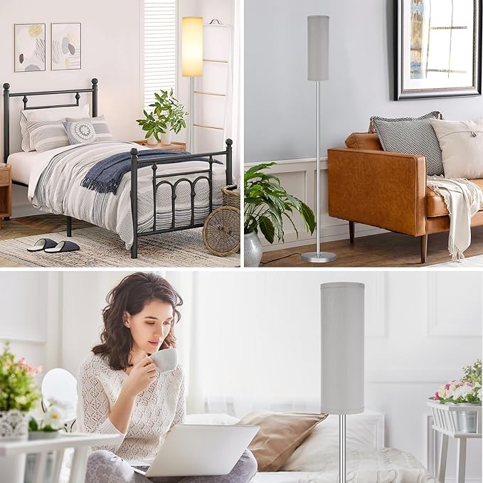 Ambimall Floor Lamp for Living Room - Pole Lamps for Bedrooms, Silver Standing Lamps with Grey Shade, 66'' Tall Lamp for Office, Minimalist Floor Lamp for Home Decor - LeafyLoom