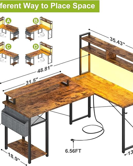 Small L Shaped Gaming Desk with Power Outlets, 48" Reversible L Shaped LED Computer Desk with Monitor Stand & Storage Shelf, Corner Gamer Desk Home Office Desk with Storage Bag, Rustic Brown - LeafyLoom