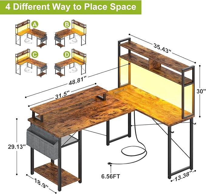 Small L Shaped Gaming Desk with Power Outlets, 48" Reversible L Shaped LED Computer Desk with Monitor Stand & Storage Shelf, Corner Gamer Desk Home Office Desk with Storage Bag, Rustic Brown - LeafyLoom