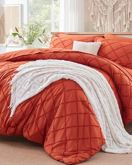 Boho Orange Comforter Set with Jacquard Tufted Design,Farmhouse Bedding Sets for All Seasons,Soft 7 Pieces Queen Bed in a Bag with Comforter,Flat Sheet,Fitted Sheet,Pillowcases & Shams - LeafyLoom