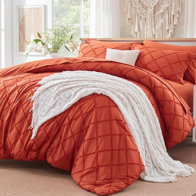 Boho Orange Comforter Set with Jacquard Tufted Design,Farmhouse Bedding Sets for All Seasons,Soft 7 Pieces Queen Bed in a Bag with Comforter,Flat Sheet,Fitted Sheet,Pillowcases & Shams - LeafyLoom