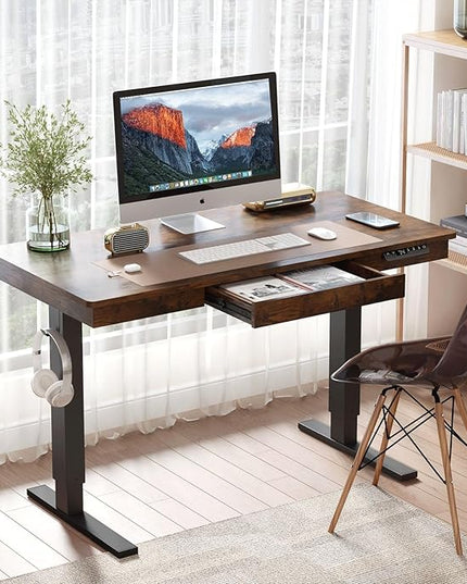 Electric Standing Desk with Drawer,48 x 24 Inches Standing Desk Adjustable Height Desk with 12W Wireless Charging,One-Piece Wooden Desktop Sit Stand Up Desk, Memory Home Office Desks - LeafyLoom