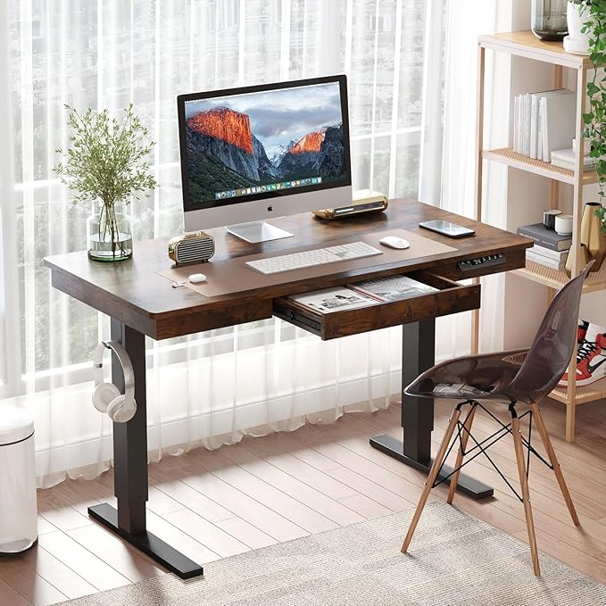 Electric Standing Desk with Drawer,48 x 24 Inches Standing Desk Adjustable Height Desk with 12W Wireless Charging,One-Piece Wooden Desktop Sit Stand Up Desk, Memory Home Office Desks - LeafyLoom