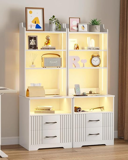 Vlsrka Nightstand Set of 2, Nightstand with Charging Station and LED Lights, Smart Night Stand with Bookshelf, Modern Bedside Tables with Storage Cabinet for Bedroom, Human Sensor Function, White - LeafyLoom