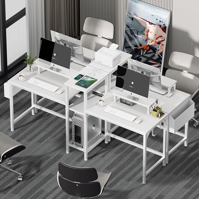 Furologee Charging Station for White 2 Penson Desk with LED Lights and Monitor Stand - LeafyLoom