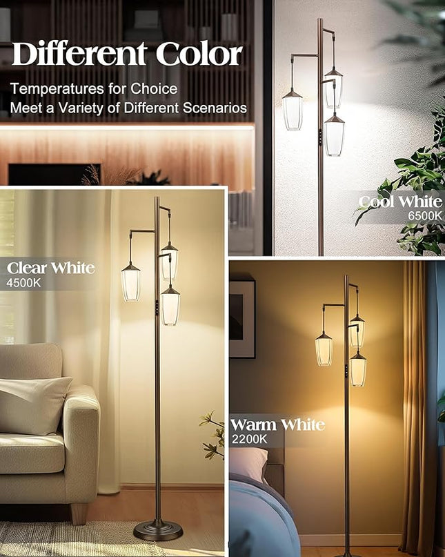 ELYONA Rustic Dimmable Floor Lamp for Bedroom, 24W LED Reading Light Remote & Touch Control, Stepless Adjustable 2200K-6500K Colors & Brightness, 3-Light Standing Lamp for Living Room Office, Bronze - LeafyLoom
