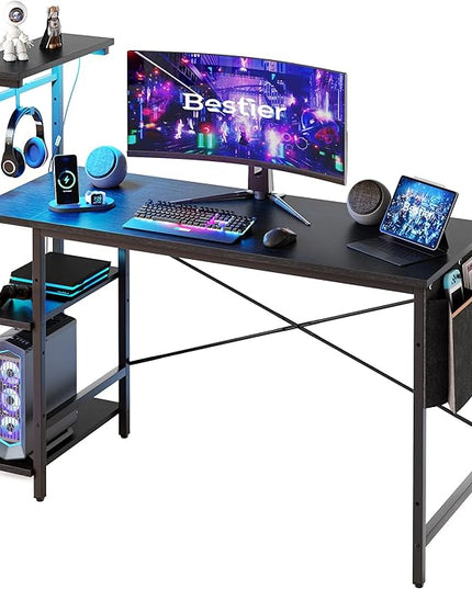 Bestier Gaming Desk with LED Lights, Computer Desk with 4 Tiers Reversible Shelves, 51.3 Inch Home Office Writing Desk with Side Storage Bag, Hooks and Height Adjustable Shelf (Black Grained) - LeafyLoom